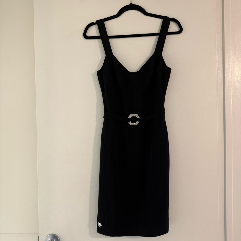 NWOT Philipp Plein Black Mini Dress with Sequin Hexagon Buckle